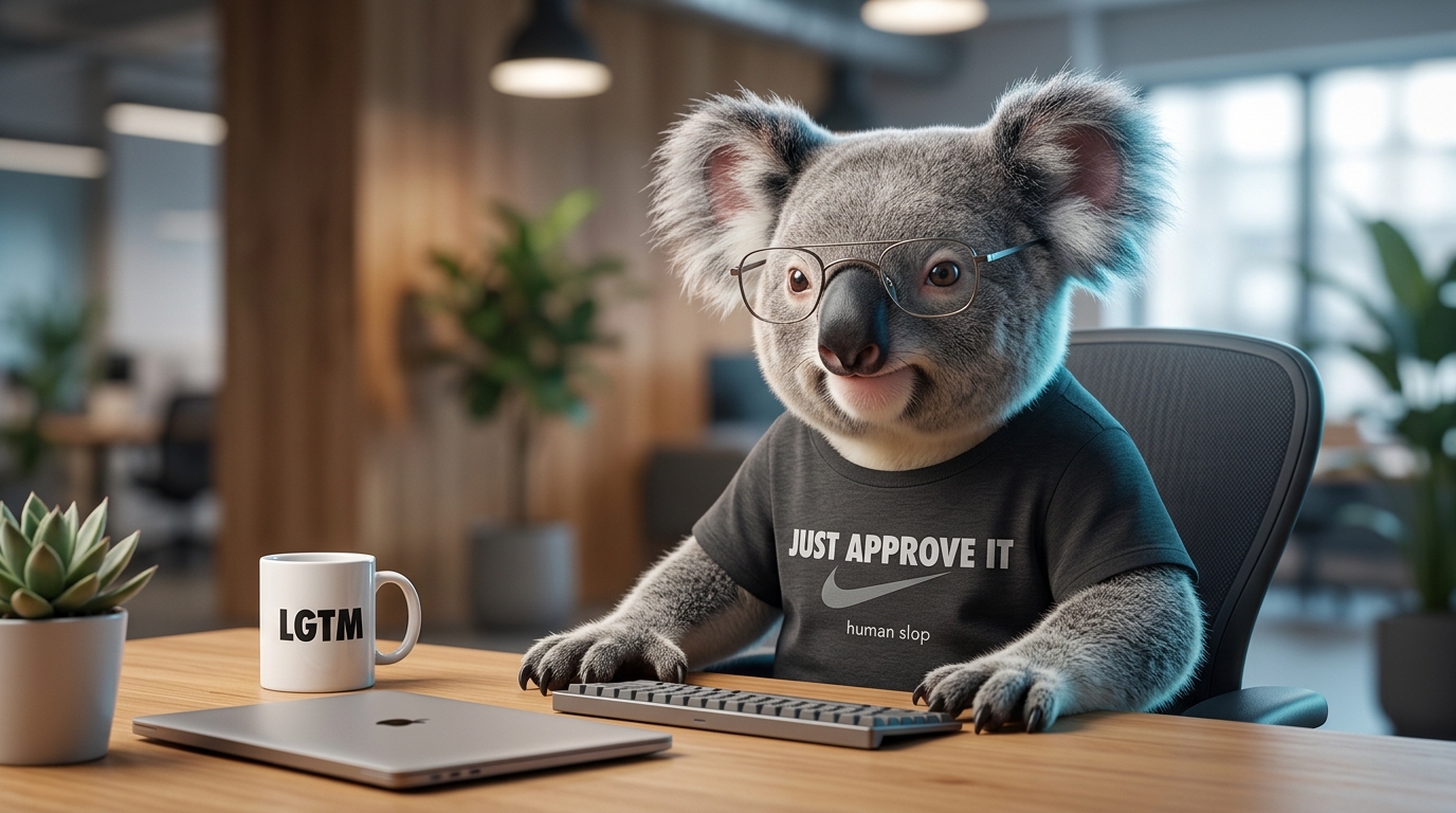 Senior koala engineer wearing a 'Just Approve It / human slop' shirt with an LGTM coffee mug