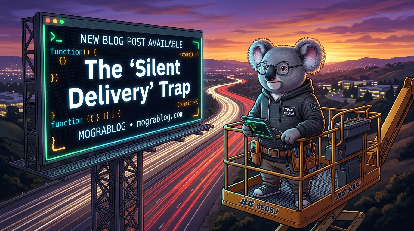 Koala engineer on a lift beside a giant highway billboard announcing a new Mograblog post at sunset